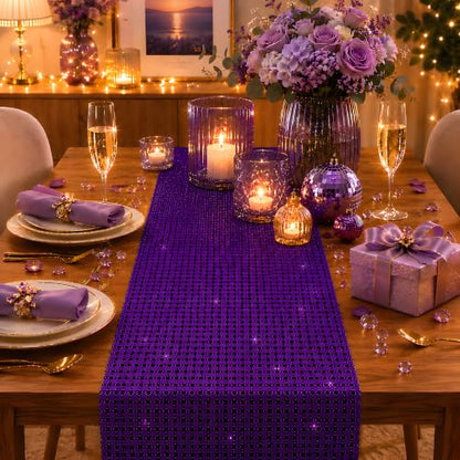 Disco Party Decorations - Purple Sequin Glitter Disco Table Runner - color: Purple Sequin Glitter