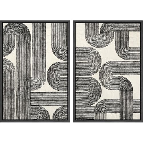 SIGNWIN Framed Canvas Print Wall Art Set Black Line Curved Geometry Abstract Illustrations Graffiti & Street Art Modern Art for Living Room, Bedroom, Office - 16"x24"x2 Black - color: A16-2604-m11, size: 16"x24"x2 Panels Black