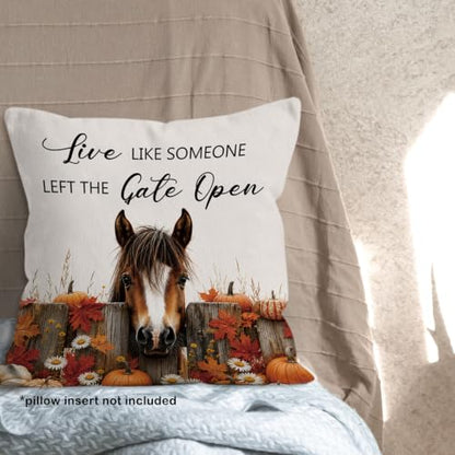 Fall Horse Daisy Floral Pumpkin Leaves Throw Pillow Covers 18x18 - color: Horse-02