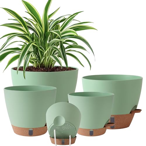 Self Watering Pots for Inoor Ourdoor Plants 10/9/8/7/6.5 Inch, 5 Pack - color: Green, size: 10/9/8/7/6.5 Inch
