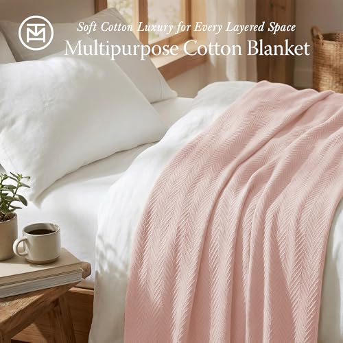 Threadmill Luxury 100% Cotton Queen Herringbone Blanket, English Rose - color: English Rose, size: Queen (90" x 92")