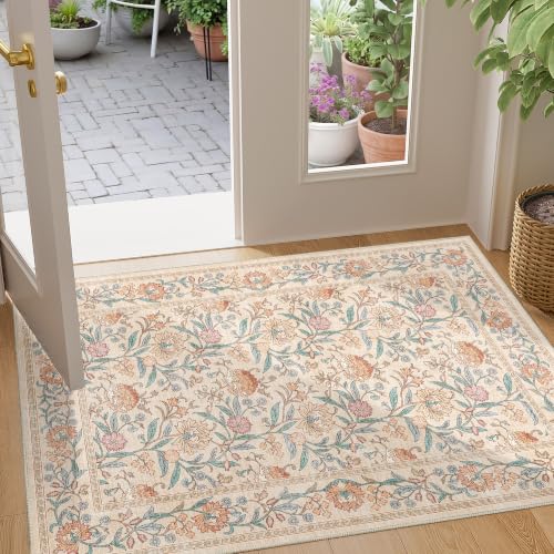 DUKINO 2x3 Rug, Washable Vintage Floral Bathroom Rugs Non Slip, Beige - color: Beige Peach, size: 2' x 3' (Rectangular)