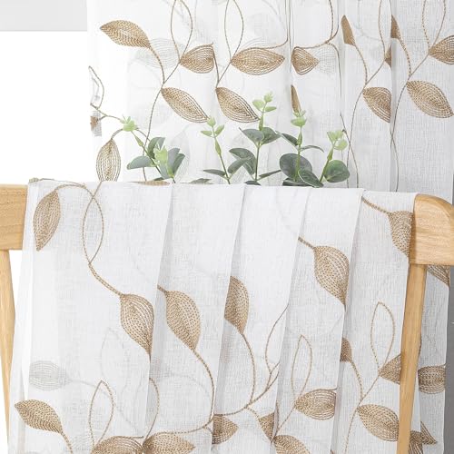 Tollpiz Taupe Leaf Sheer Tier Curtains Kitchen 30 x 24 Inches - color: Taupe, size: 30"W x 24"L (Pack of 2)