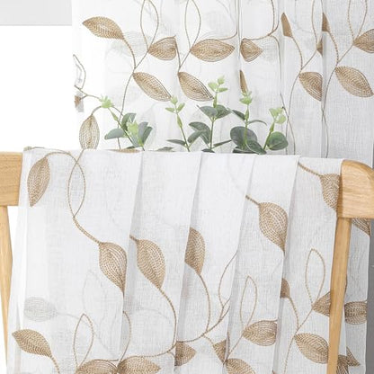 Tollpiz Taupe Leaf Sheer Tier Curtains Kitchen 30 x 24 Inches - color: Taupe, size: 30"W x 24"L (Pack of 2)