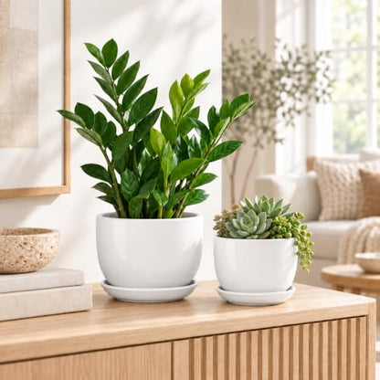 6.7 + 5.5 Inch Ceramic Plant Pot with Drainage and Saucer - size: 6.7 + 5.5 Inch 2 Pcs