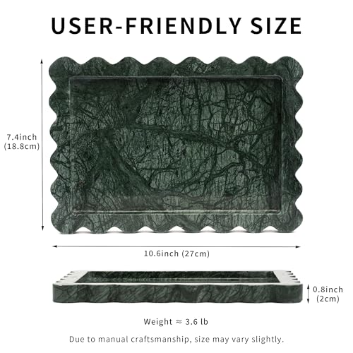 Scalloped Green Marble Tray - Large Home Decorative Stone Vanity Perfume Candle Plates for Bathroom Accessories Coffee Table, Key Dish for Kitchen Countertop Entryway (10.6" x 7.4" x 0.8")