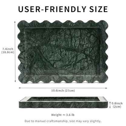Scalloped Green Marble Tray - Large Home Decorative Stone Vanity Perfume Candle Plates for Bathroom Accessories Coffee Table, Key Dish for Kitchen Countertop Entryway (10.6" x 7.4" x 0.8")