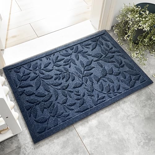 Blue Leaves Outdoor Indoor Entrance Doormats, Absorbent Durable Heavy Duty Welcome Front Door Mat,Thick Natural Rubber Back,Easy Clean Entryway Mat 17x30 Inch, Low Profile - color: Leaves-blue, size: 1'5" x 2'6" (Rectangular)