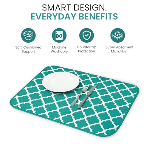Dish Drying Mat for Kitchen Counter, Large 18 x 14 Absorbent Microfiber Pad - color: Teal Green Trellis