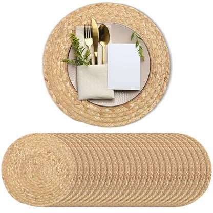 Kochorie Set of 24 Round Woven Placemats 12-Inch Natural Water Hyacinth Plant Placemats Hand-Woven Boho Rattan Placemat Wicker Weave Table Mats for Home Dinner Plates Holiday Supplies - size: 12 Inch
