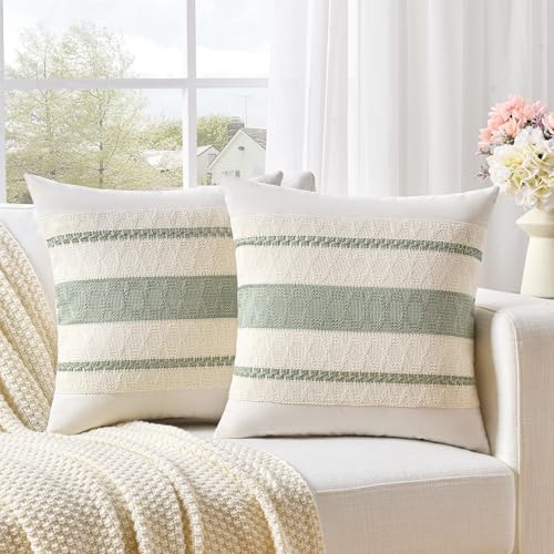Fancy Homi Set of 2 Sage Green Boho Decorative Throw Pillow Covers 16x16 Inch for Living Room Bedroom Couch Bed Indoors, Rustic Retro Cushion Case 40x40 cm, Bohemian Room Home Decor - color: Sage Green, size: 16" x 16" (Pack of 2)