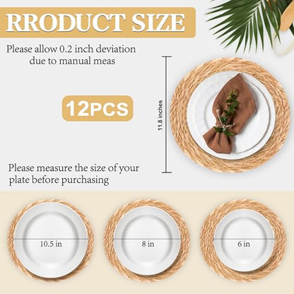 Round Woven Placemats Set of 12，12 Inch Natural Rattan Placemats Hand-Woven Water Hyacinth Placemat Farmhouse Rustic Braided Boho Wicker Table Mats for Christmas Dining Table Wedding Home (12 Inch) - size: 12