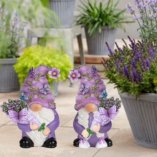 Purple Lavender Butterfly Couple Gnome Figurines(Resin, 3.9''H) - color: Purple