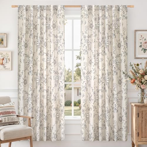 LAMIT Black Floral Linen Curtains 72 Inch Length for Bedroom 2 Panels - color: Black on Beige, size: 52"W x 72"L (Pack of 2)