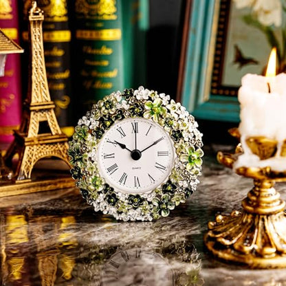 Floral Small Tabletop Clock, Battery Operated Metal Clock with Rhinestone for Bedside, Table, Living Room, Home & Office, Quartz Analog Movement - color: Green With White