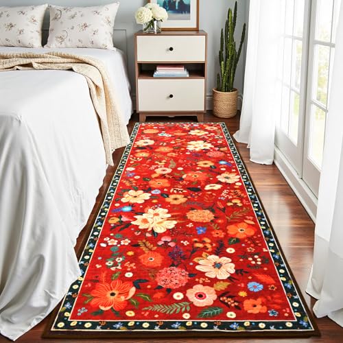 Terrug Floral Entryway Runner Rug 2x6, Washable Red Boho Rug for Hallways Non-Slip, Soft Stain Resistant Vintage Carpet Runner Rugs for Kitchen Bedroom Doorway Bathroom - color: Red, size: 2' x 6' (Rectangular)