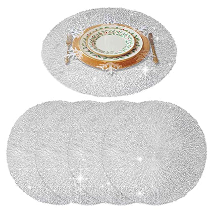 GIVERARE Placemats Set of 4, Round Heat-Resistant Vinyl Placemat, 15 inch Non-Slip Washable PVC Table Mat, Easy to Clean Premium Plastic Mats for Dining, Kitchen Table (Bright Silver) - color: Bright Silver
