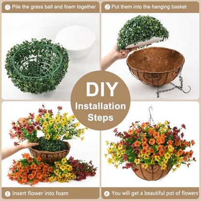 Artificial Fall Hanging Flowers Basket, UV Resistant Mums for Outdoors - color: Orange Brown Yellow