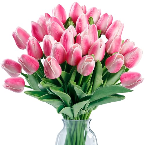 Sggvecsy 30 Pcs Fake Tulips Artificial Flowers Real Touch PU Faux Flowers Tulip Stems for Wedding Spring Bouquet Floral Arrangement Home Party Office Decorations for Mother's Day (Rose Pink) - color: Rose Pink, size: 30 Pcs