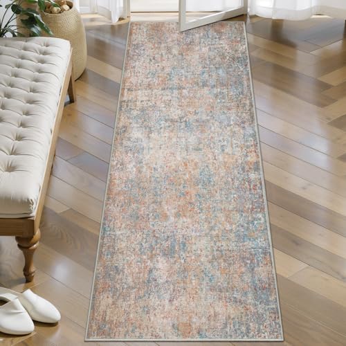 Tangsoo Modern 2x5 Washable Runner Rug, Abstract Runner Rug Non Slip - color: Orange Red/Blue, size: 2' X 5' (Runner)