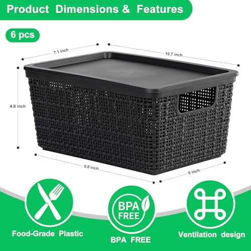 6 Pack Plastic Storage Baskets with Lid,Black Stackable Bins - color: Black
