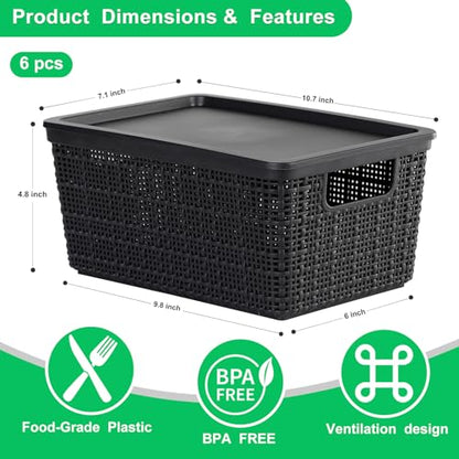 6 Pack Plastic Storage Baskets with Lid,Black Stackable Bins - color: Black