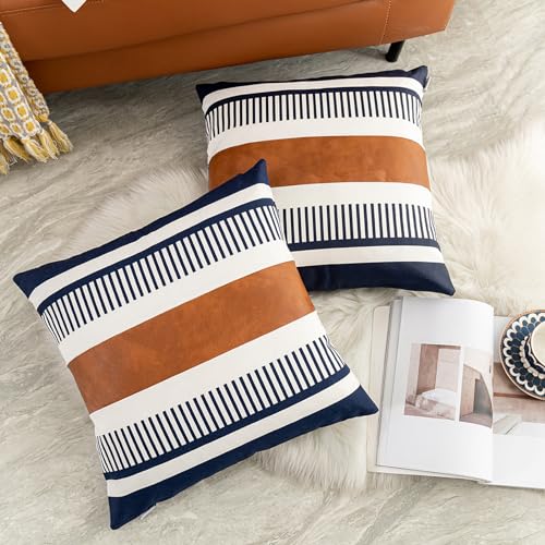 Decorative Accent Pillow Covers 20x20 Boho Couch Pillow Case Set of 2 Modern Farmhouse Stripe Cushion Cover for Sofa Bed Living Room, Navy Blue - color: Navy Blue, size: 20" x 20" (Pack of 2)