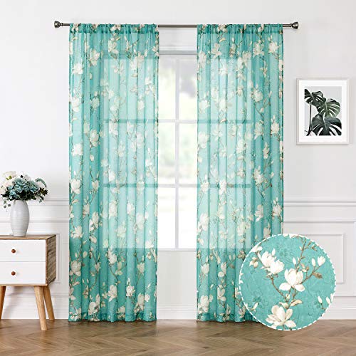 Tollpiz Floral Short Turquoise Sheer Curtain Flower Print Vine Embroidery Bedroom Curtains Rod Pocket Voile Window Curtain for Living Room, 54 x 54 inches Long, Set of 2 Panels - color: Turquoise, size: 54"W x 54"L (Pack of 2)