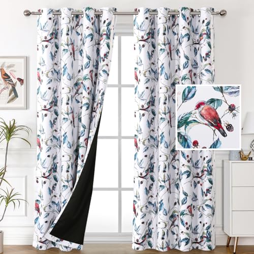 H.VERSAILTEX 100% Blackout Curtains 84 inch Length 2 Panels Set Printed Drapes Thermal Insulated Curtains for Bedroom with Black Liner Sound Proof Curtains, Wild Berry and Bird - color: Wild Berry and Bird, size: 52"W x 84"L (Pack of 2)