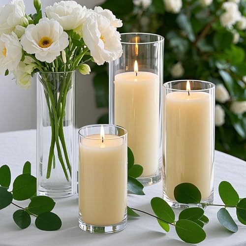 24 PCS Ivory White Pillar Candles with Glass Candle Holders Clear Hurricane Candle Holders Glass Cylinder Vases for Centerpieces Wedding Party, Event, Home Office (12 Candles+12 Candle Hoders) - style: 24 PCS Ivory White
