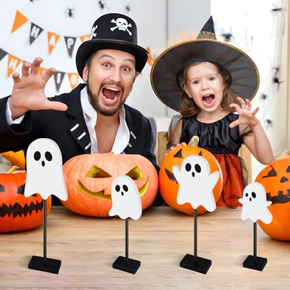Halloween Standing Table Decor Ghost Wooden Signs Halloween Tiered Tray Decorations Ghost Table Centerpiece Tall Block Sign for Halloween Party Home Room Decor, 4 Pcs