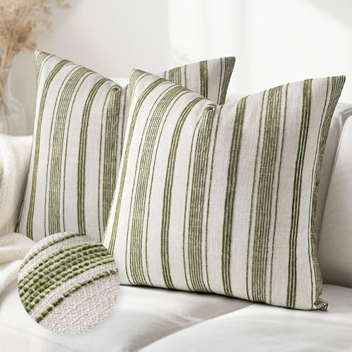 AELS 24x24 Decorative Farmhouse Linen Throw Pillow Covers, Beige with Olive Green Chenille Striped Pillow Case, Set of 2, Boho Textured Cushion Cover for Sofa Couch Living Room (Cover ONLY) - color: Beige With Olive Green, size: 24" x 24" (Pack of 2)