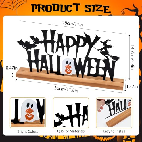 Metal Happy Halloween Sign Halloween Table Decorations with Wooden Base - color: Black