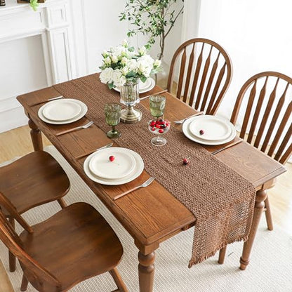 Simple&Opulence Boho Macrame 100% Cotton Table Runner - 12 x 72 Inch, Woven Farmhouse Table Runner with Fringed Edges for Bohemian Rustic Wedding, Bridal Shower, Dinner （Brown） - size: 12"x72", style: Cotton / Brown