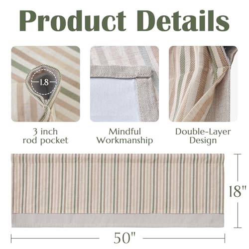 jinchan Stripe Linen Kitchen Valance Curtain, 50x18, 1 Panel, Multi Green - color: Boxter Striped | Multi Green on Linen, size: 50"W x 18"L (Pack of 1)