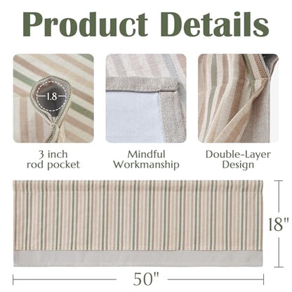 jinchan Stripe Linen Kitchen Valance Curtain, 50x18, 1 Panel, Multi Green - color: Boxter Striped | Multi Green on Linen, size: 50"W x 18"L (Pack of 1)