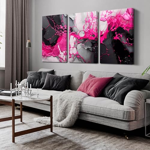 Abstract Painting for Living Room - Black and Pink Wall Art for Office Women - 3 Piece Pictures Wall Art Size 16" x 24" - color: Black and Pink, size: 24"L x 16"W x 3 PCS Print