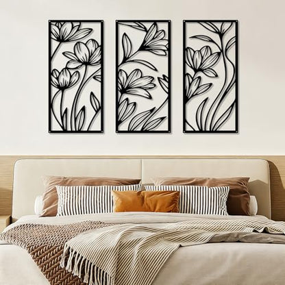 YIYA 3 Pcs Black Metal Flower Wall Art Minimalist Floral Line Art Sculpture 16.9" x 7.9" Rustic Iron Hanging Decor for Living Room Bedroom Bathroom（Lily） - style: lily
