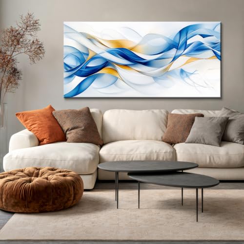 Blue and Gold Abstract Canvas Wall Art Modern Wavy Lines Print - color: Artwork04, size: 32"L x 16"W