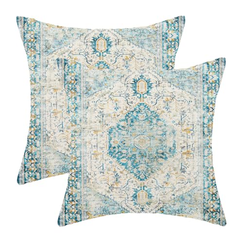 Boho Pillow Covers 18x18 Set of 2, Bohemian Carpet Pattern Blue Yellow Decorative Throw Pillows Vintage Farmhouse Outdoor Farmhouse Pillows for Sofa Couch Bedroom Decor - color: Blue Yellow, size: 18" x 18" (Pack of 2)