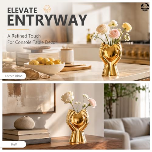 8" Heart Hand Gold Ceramic Vase - Unique Modern Aesthetic Flowers Vase for Living Room Bedroom Office Kitchen Table Centerpiece or Shelf Decor-Gifts for Wedding Bridal Shower Women Mom (Gold) - color: Gold