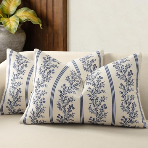 Vintage Throw Pillow Covers 12x20 Set of 2, Striped Floral Pillow Cover Botanical Patterned Decorative Cushion Covers Modern Farmhouse Home Decor for Sofa Couch Bed Living Room, Indigo Blue - color: Indigo Blue, size: 20" x 12" (Pack of 2)