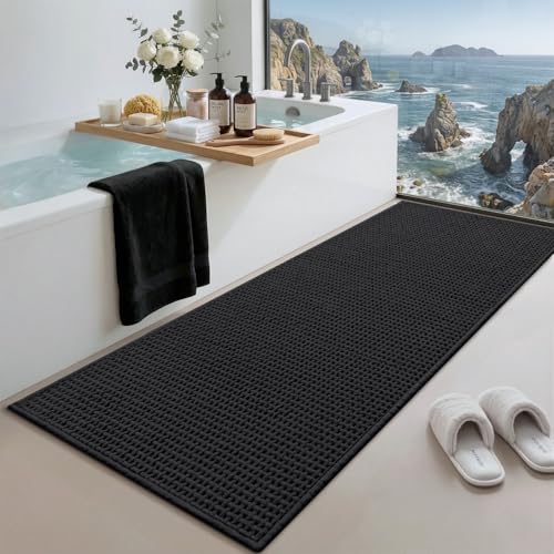Color&Geometry Black 60x24 Waffle Bath Mat, Rubber Non Slip Bathroom Rug - color: Black, size: 24"x60"