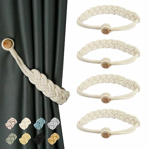 BEL AVENIR Curtain Tiebacks Magnetic 4 Pack Woven Drapery Holdback - color: Ivory Braid-4 Pack