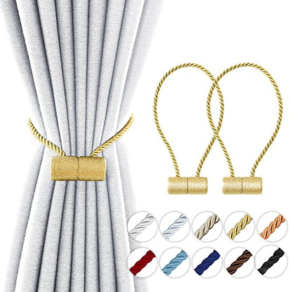 YUNGOO 18 Inch Strong Magnetic Curtain Tiebacks, Curtain Holdbacks Modern Upgrade Strong 2021 New Twisted Style Decorative Drapery Rope Tie Backs (Gold, 2) - color: Gold