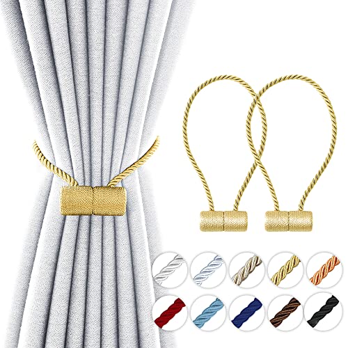 YUNGOO 18 Inch Strong Magnetic Curtain Tiebacks, Curtain Holdbacks Modern Upgrade Strong 2021 New Twisted Style Decorative Drapery Rope Tie Backs (Gold, 2) - color: Gold