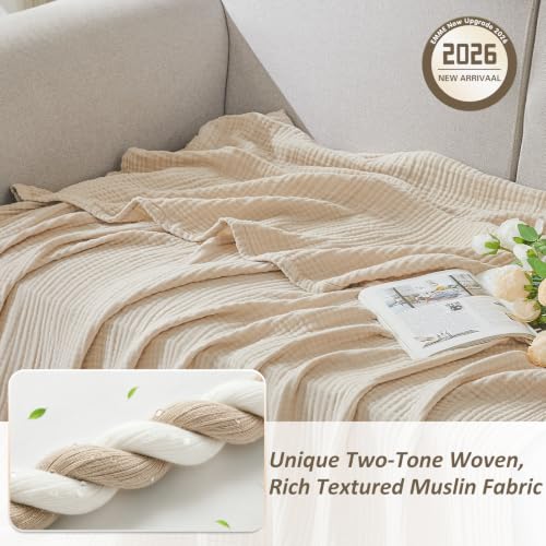EMME Muslin Cotton Blanket Adults Heather Beige Throw XL 50"x70" - color: 03 - Beige, size: Large Throw (50" X 70")