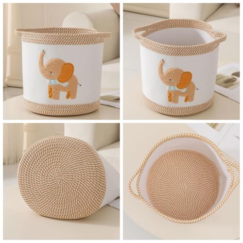 Baby Toy Basket Blanket Baskets Laundry Hamper Cute Elephant Nursery Organization Bins with Handle, Woven Cotton Rope Nursery Storage Basket For Girls Boys Kids Baby Shower Gifts Baskets