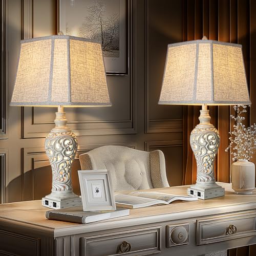 LuxSight Collection 32" Table Lamp Set of 2 with Nightlight and 2 USB Ports - color: Cream-Set of 2, size: 32 inch