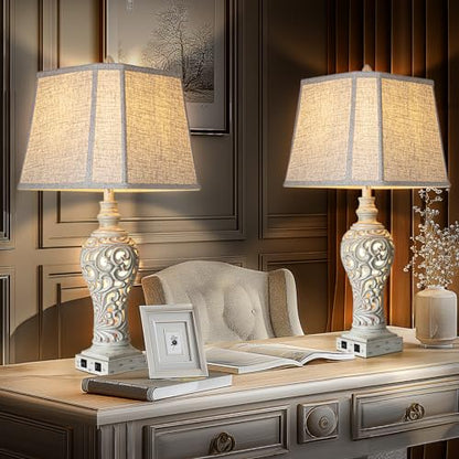LuxSight Collection 32" Table Lamp Set of 2 with Nightlight and 2 USB Ports - color: Cream-Set of 2, size: 32 inch